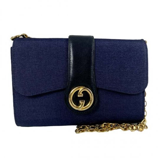GUCCI グッチ デニム/レザー ロゴ チェーンショルダーバッグ