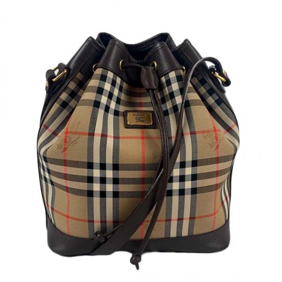 BURBERRY バーバリー チェック柄 キャンバス/レザー 巾着ショルダーバッグ