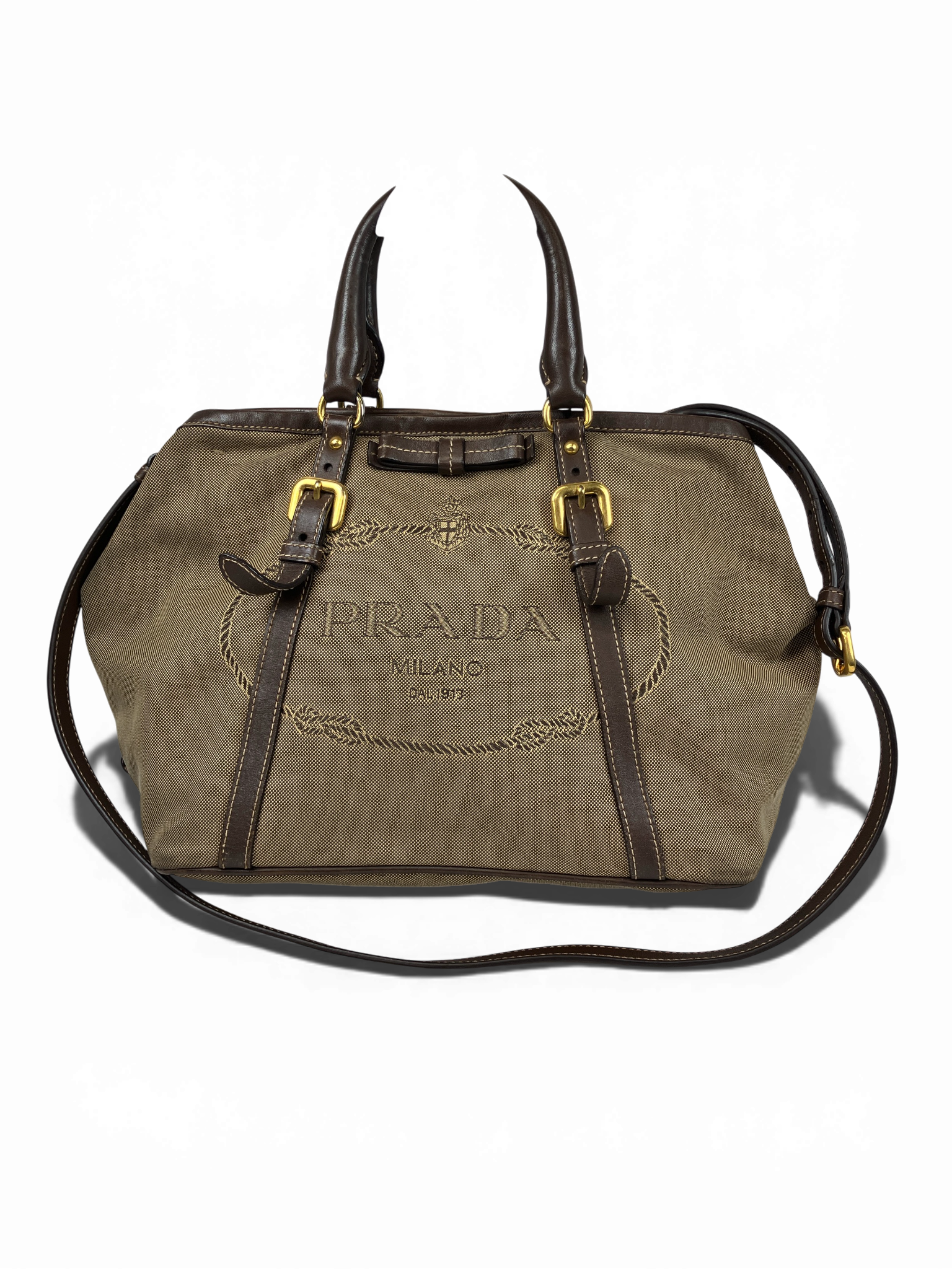 PRADA プラダ ロゴ ジャガード ハンドバッグ トートバッグ リボン ブラウン BN1841