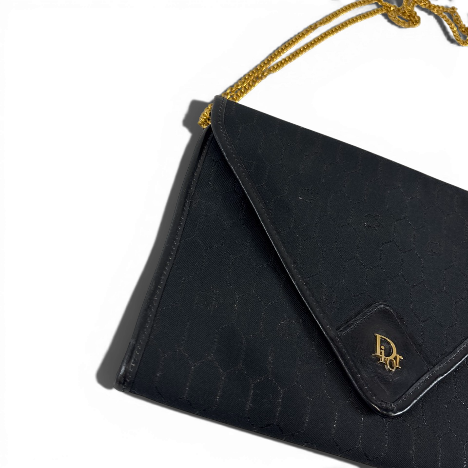 Dior クリスチャンディオール チェーン ショルダーバッグ クラッチバッグ 2way ハニカム ブラック ゴールド