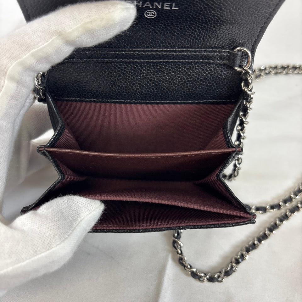 CHANEL チェーンウォレット カードケース マトラッセ キャビアスキン ココマーク ブラック