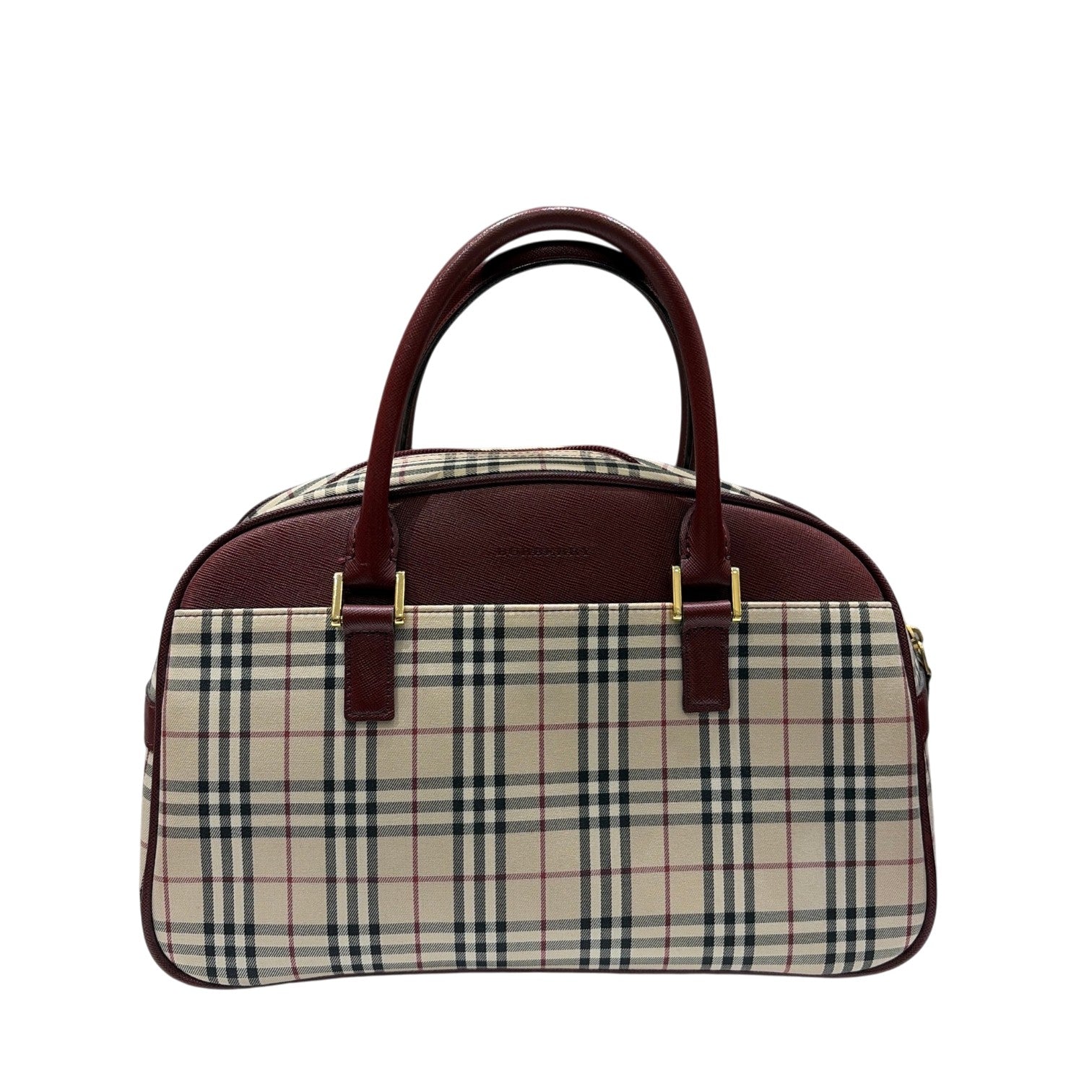BURBERRY バーバリー ミニ ボストン ハンドバッグ ノバチェック レザー キャンバス ボルドー ベージュ レディース メンズ