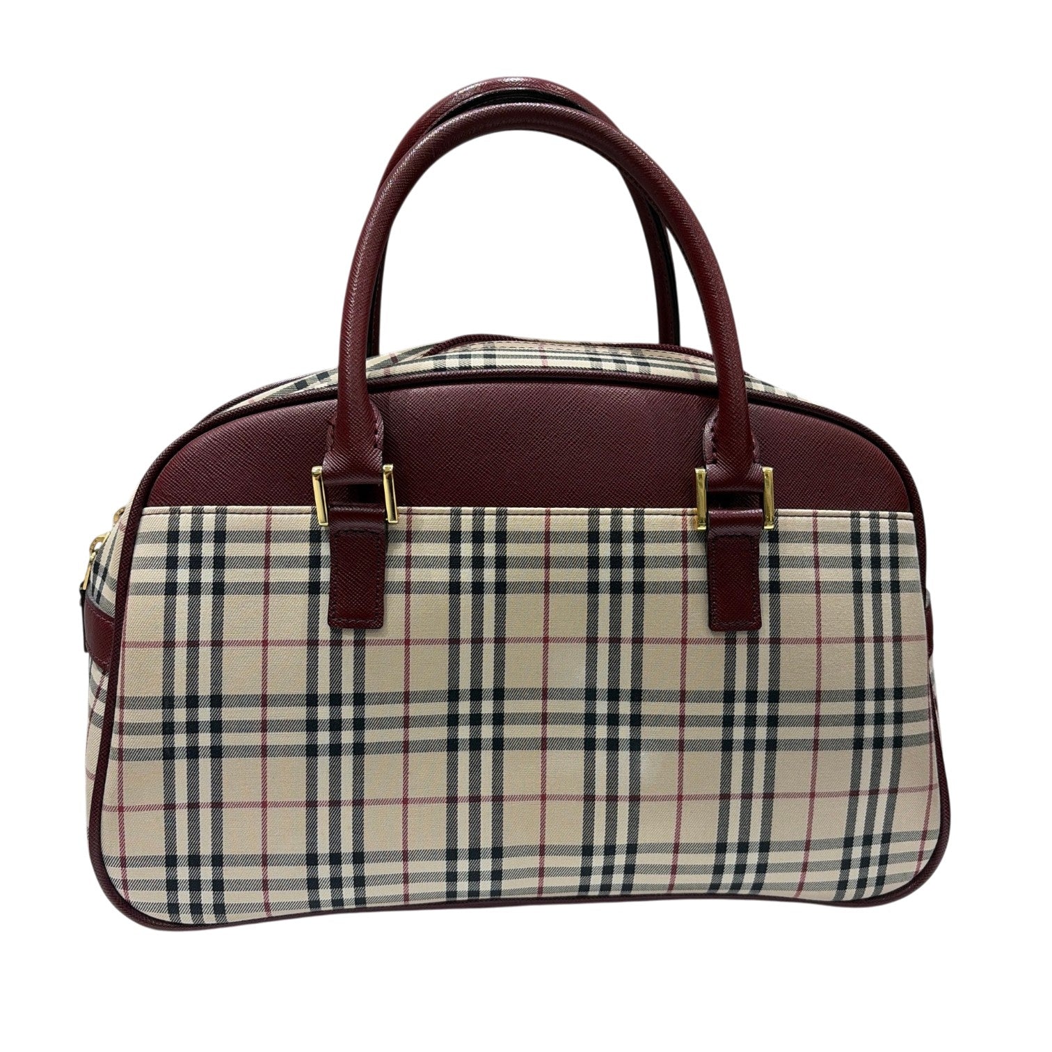 BURBERRY バーバリー ミニ ボストン ハンドバッグ ノバチェック レザー キャンバス ボルドー ベージュ レディース メンズ
