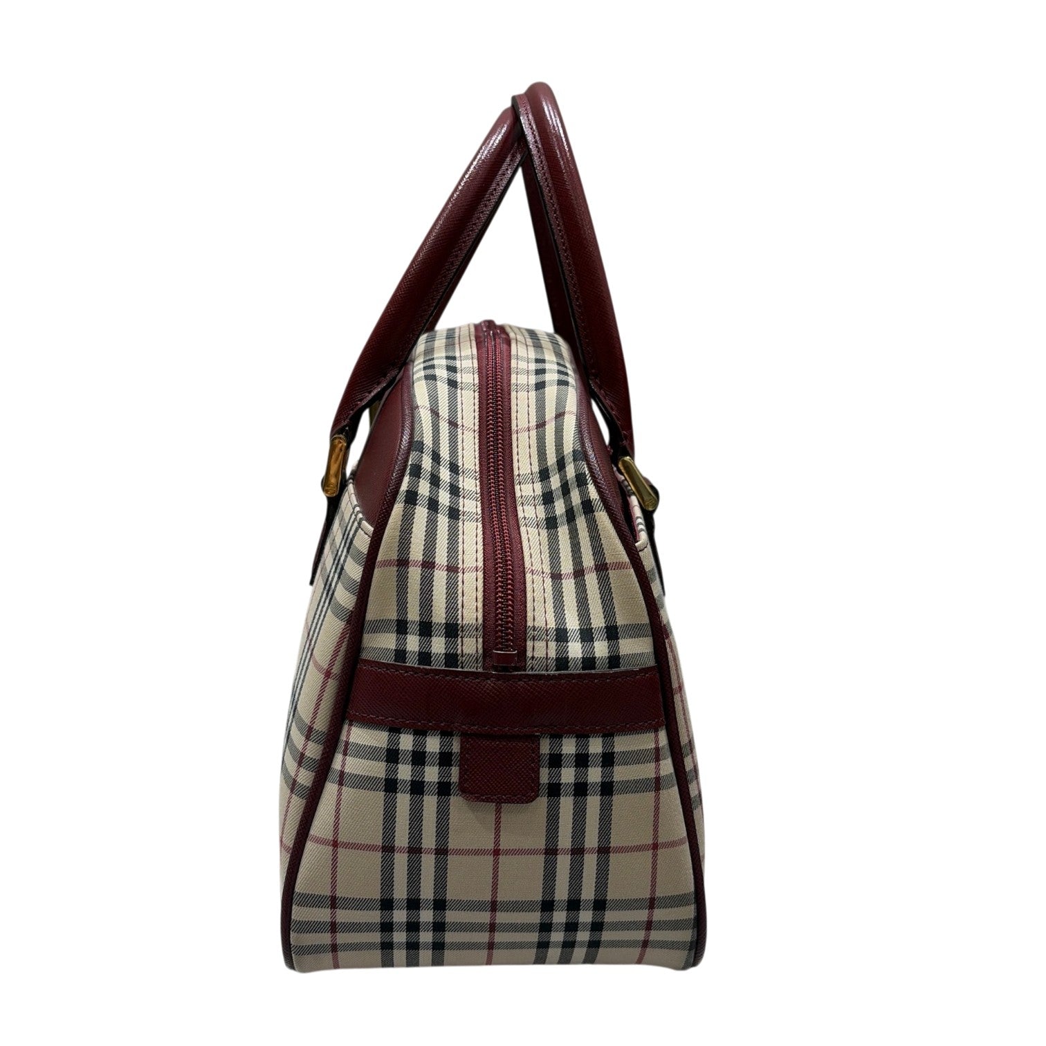 BURBERRY バーバリー ミニ ボストン ハンドバッグ ノバチェック レザー キャンバス ボルドー ベージュ レディース メンズ