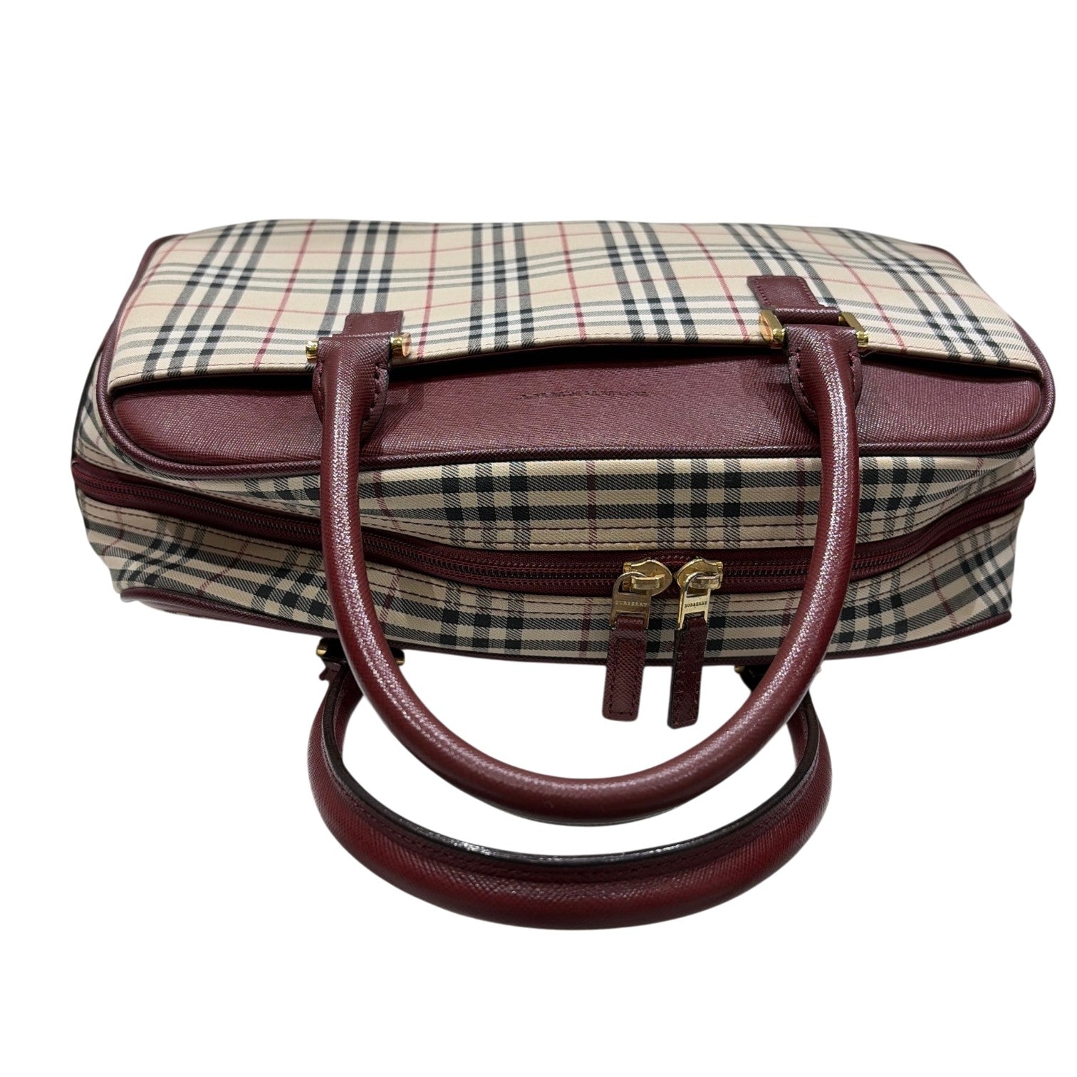 BURBERRY バーバリー ミニ ボストン ハンドバッグ ノバチェック レザー キャンバス ボルドー ベージュ レディース メンズ