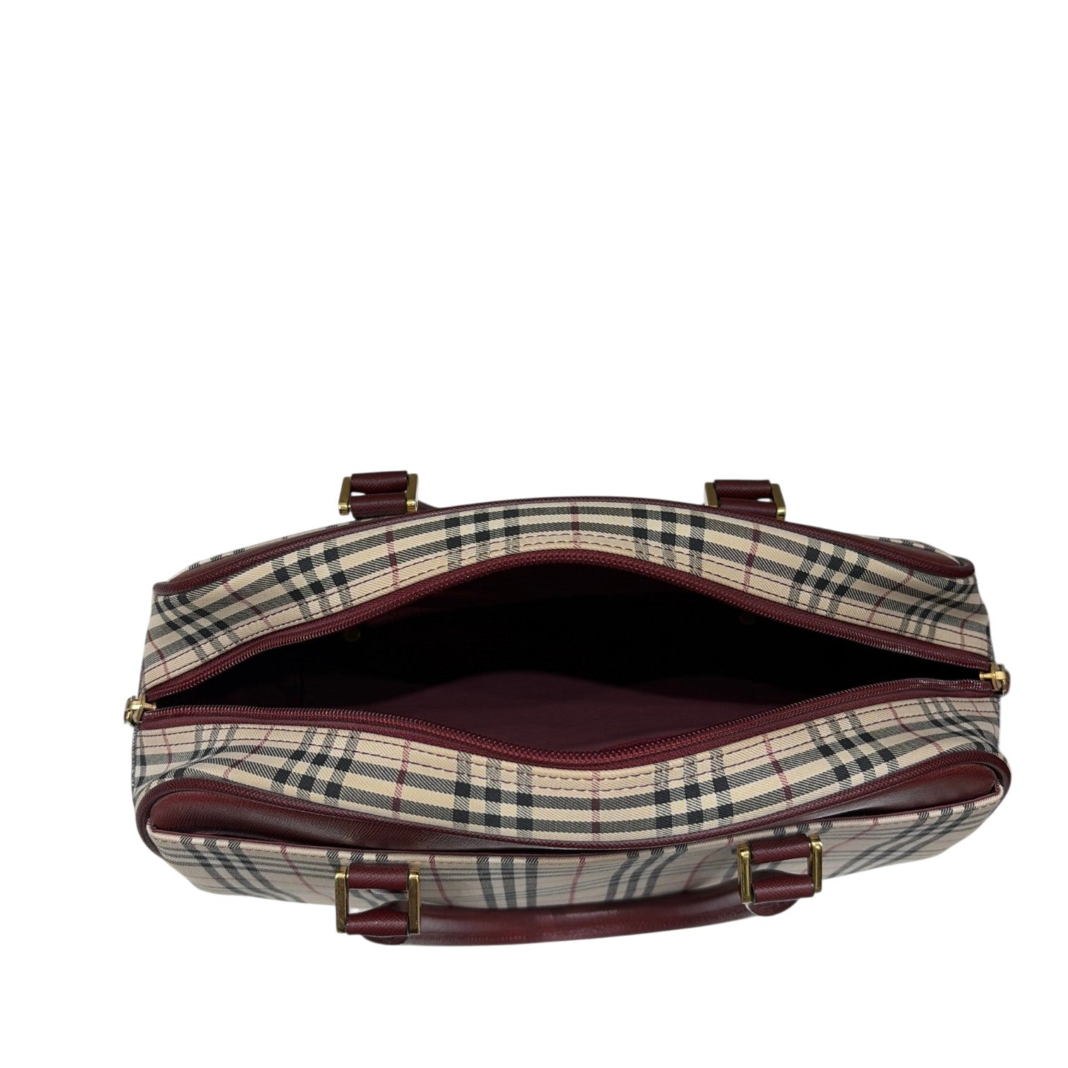 BURBERRY バーバリー ミニ ボストン ハンドバッグ ノバチェック レザー キャンバス ボルドー ベージュ レディース メンズ