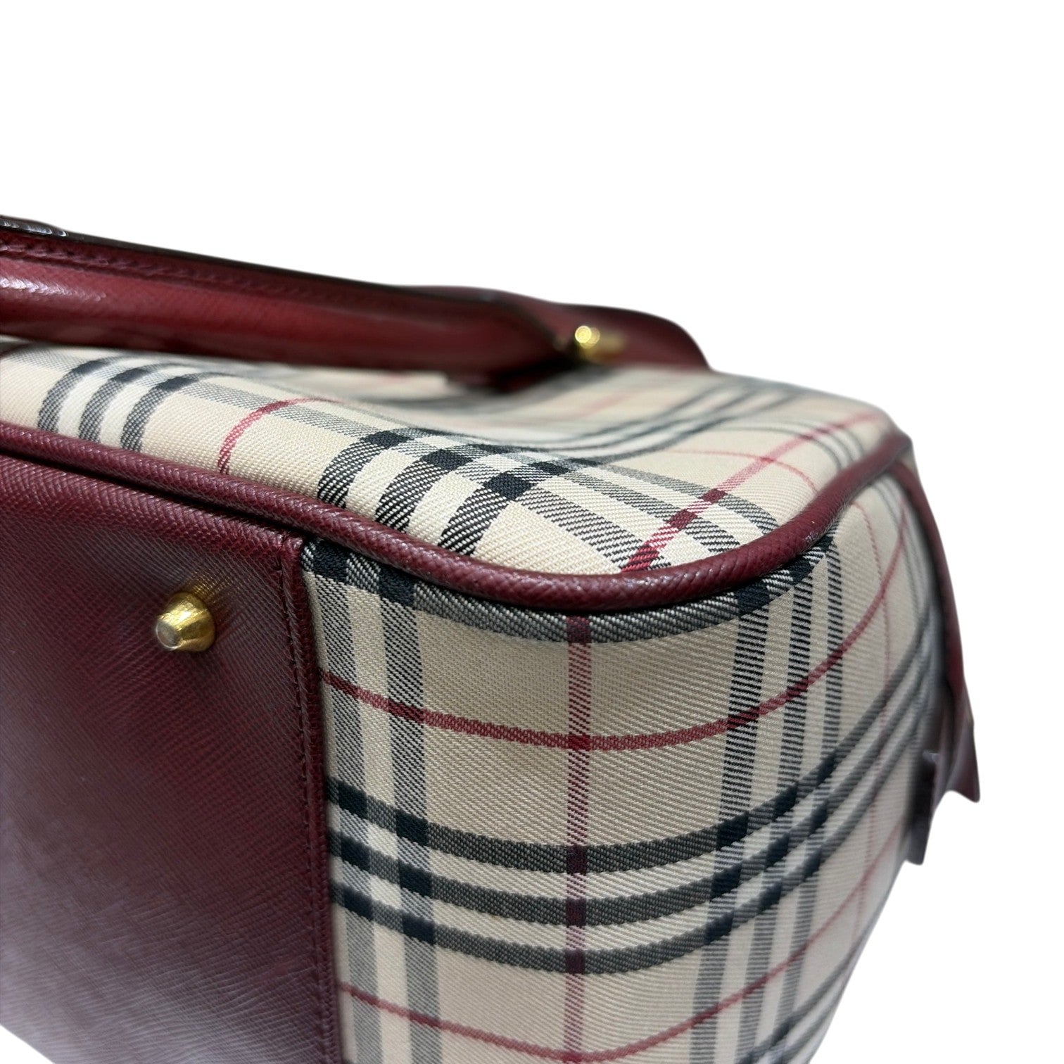 BURBERRY バーバリー ミニ ボストン ハンドバッグ ノバチェック レザー キャンバス ボルドー ベージュ レディース メンズ