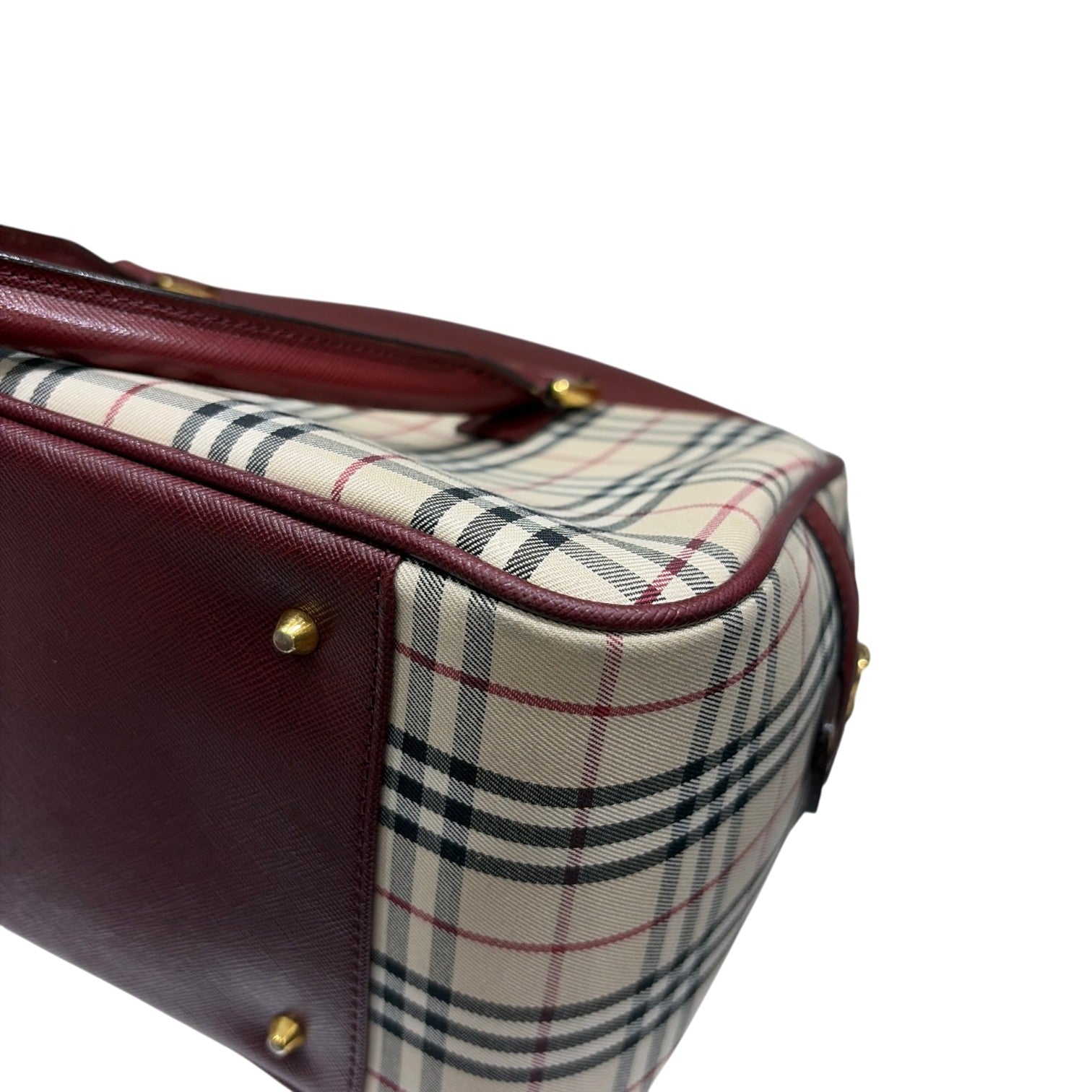 BURBERRY バーバリー ミニ ボストン ハンドバッグ ノバチェック レザー キャンバス ボルドー ベージュ レディース メンズ