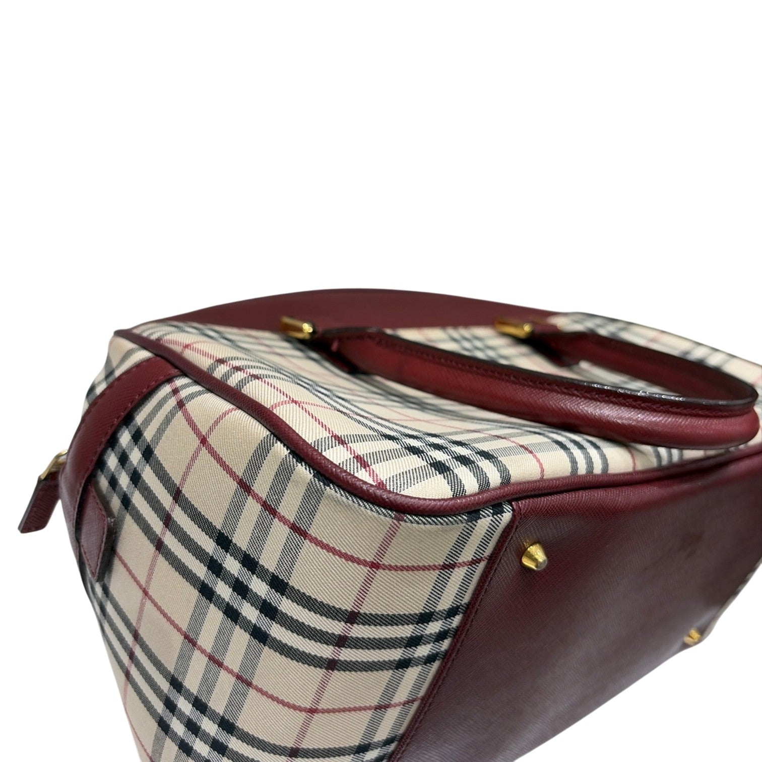 BURBERRY バーバリー ミニ ボストン ハンドバッグ ノバチェック レザー キャンバス ボルドー ベージュ レディース メンズ