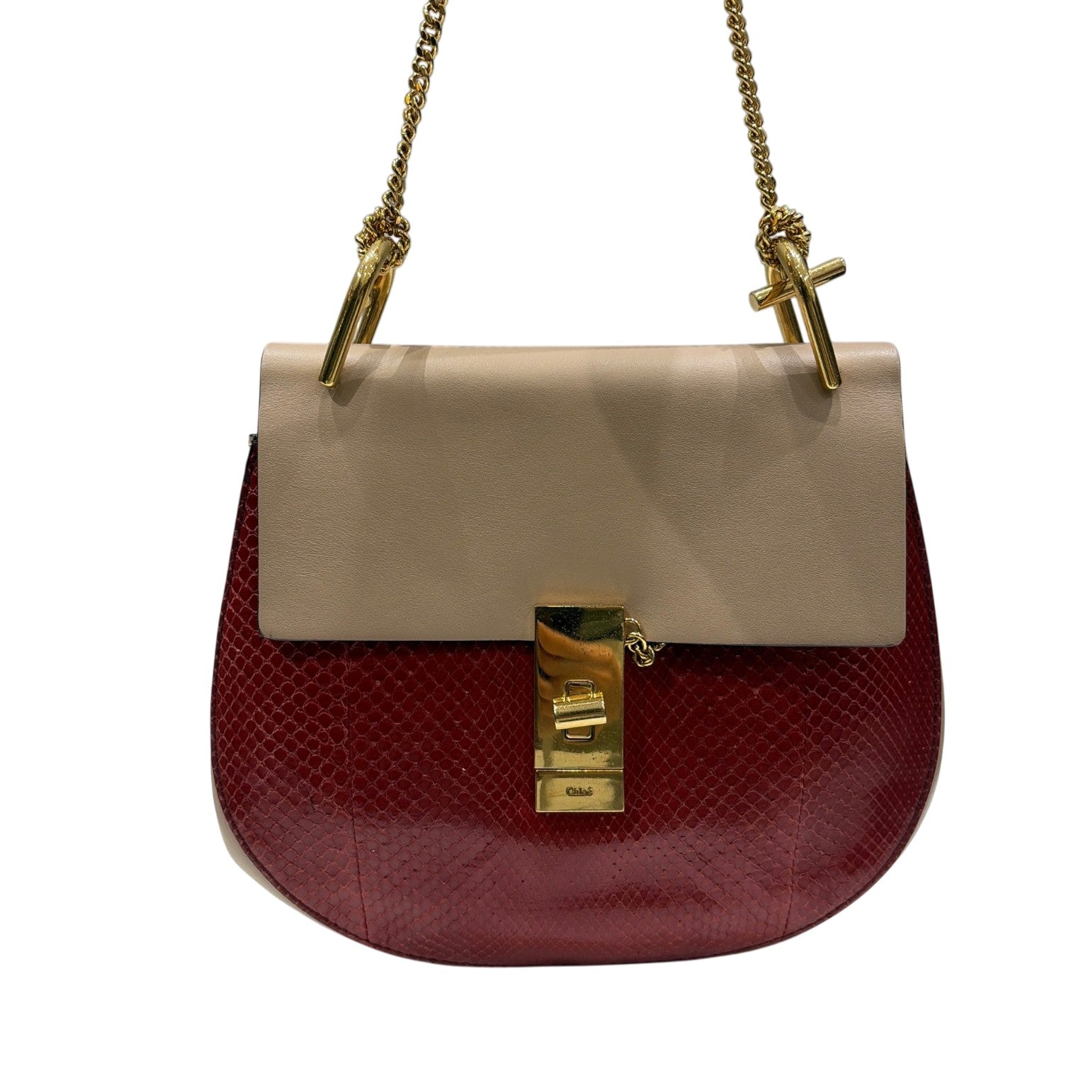 Chloe クロエ チェーン ショルダーバッグ ドリュー レッド ベージュ パイソン レザー レディース