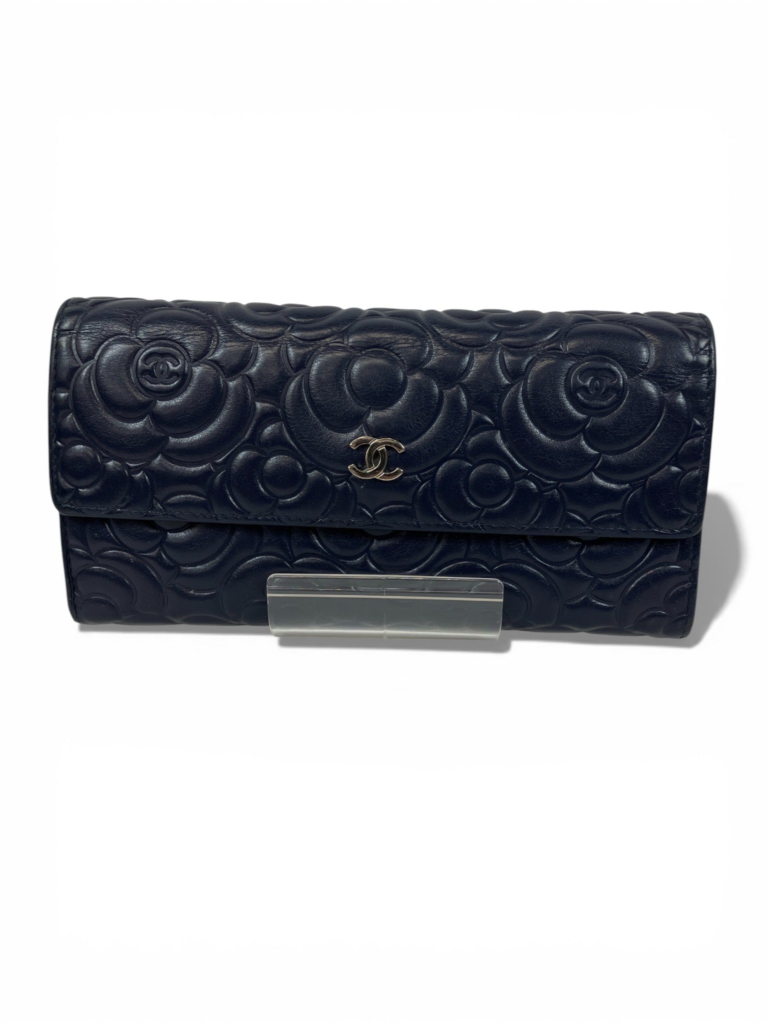 CHANEL カメリア　財布　ココマーク　ラムスキン　箱　証明カードあり CHANEL 長財布 カメリア ラムスキン ネイビー ココマーク