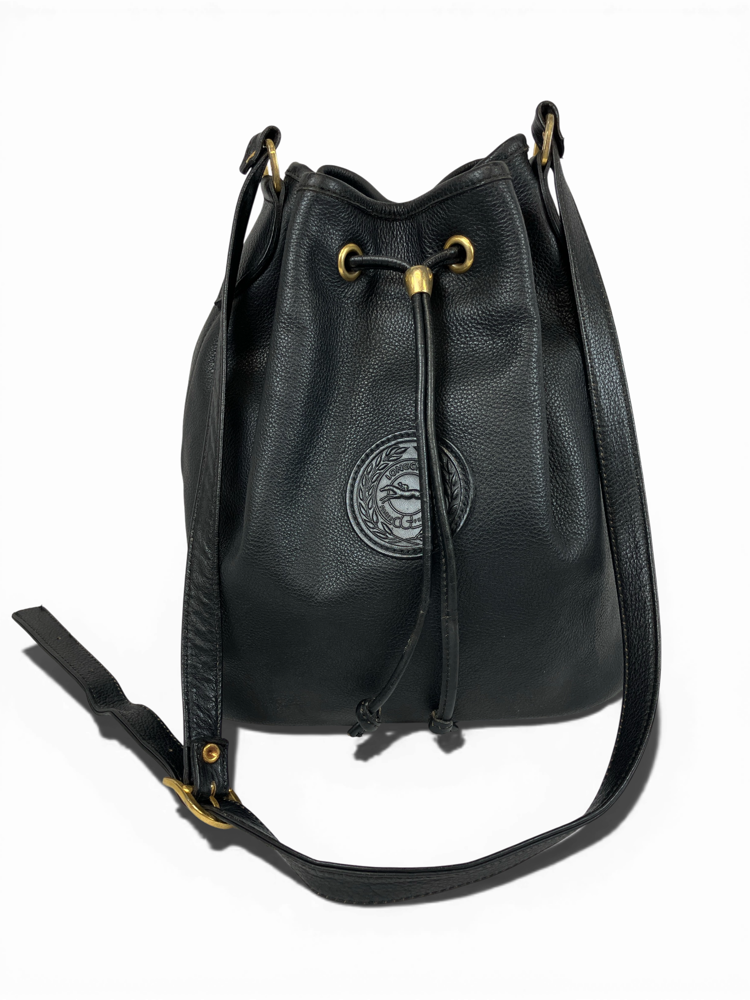 【美品】LONGCHAMP ロンシャン レザー 巾着 ショルダー バッグ LONGCHAMP ロンシャン 巾着バッグ レザー ブラック ショルダーバッグ