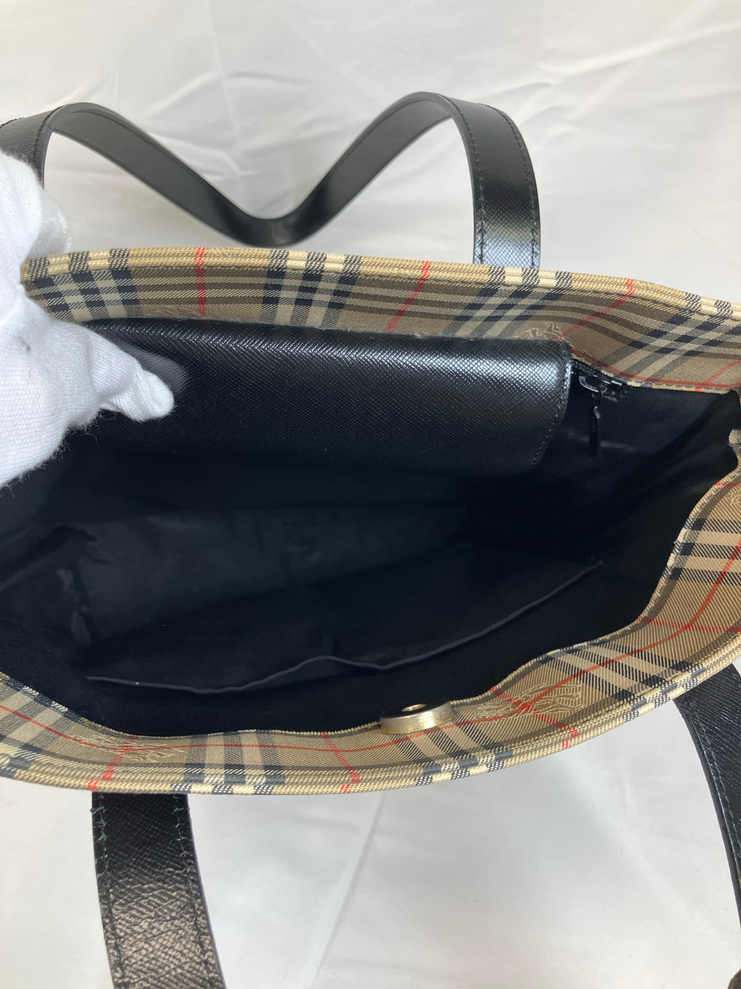 BURBERRY　トートバッグ　ノバチェック　ベージュ　ブラック　キャンバス　レザー