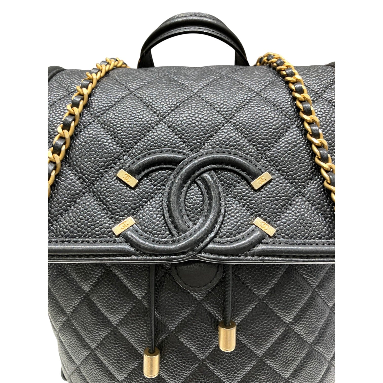 CHANEL シャネル CCフィリグリー バックパック キャビアスキン ココマーク ブラック ゴールド金具 チェーン レディース