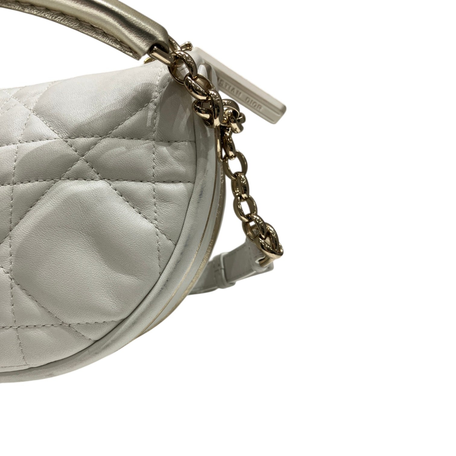 Christian Dior クリスチャンディオール カナージュ ヴァイブ ホーボーバッグ スモール ハンドバッグ 肩掛け ショルダーバッグ 2way ラムスキン レザー ホワイト ゴールド  半月型 レディース