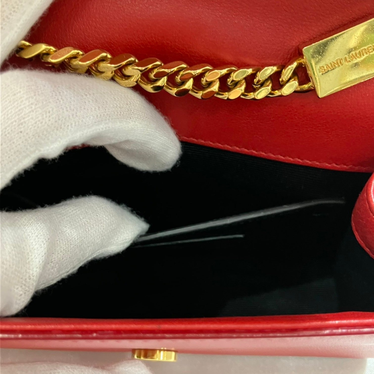 SAINT LAURENT サンローラン YSL チェーン ショルダーバッグ 2014 ミディアム スタッズ カサンドラ カーフスキン レッド レディース