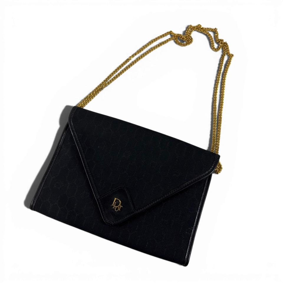 Dior　クリスチャンディオール　チェーン　ショルダーバッグ　クラッチバッグ　2way　ハニカム　ブラック　ゴールド