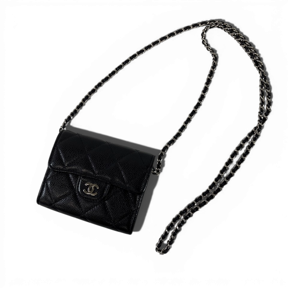 CHANEL　チェーンウォレット　カードケース　マトラッセ　キャビアスキン　ココマーク　ブラック　