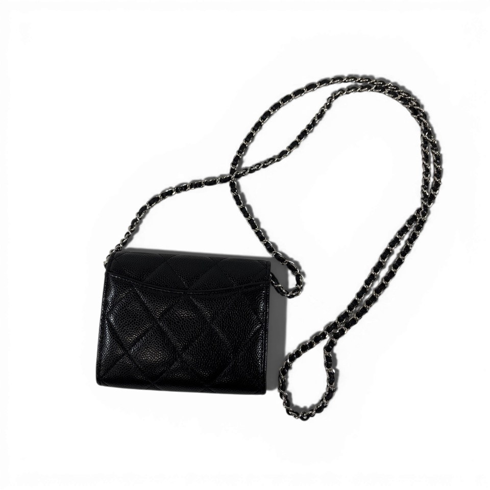 CHANEL　チェーンウォレット　カードケース　マトラッセ　キャビアスキン　ココマーク　ブラック　