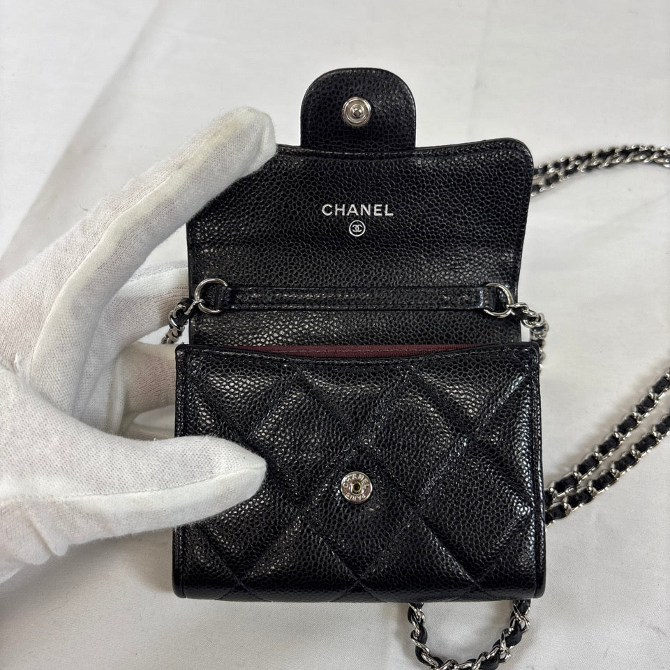 CHANEL　チェーンウォレット　カードケース　マトラッセ　キャビアスキン　ココマーク　ブラック　