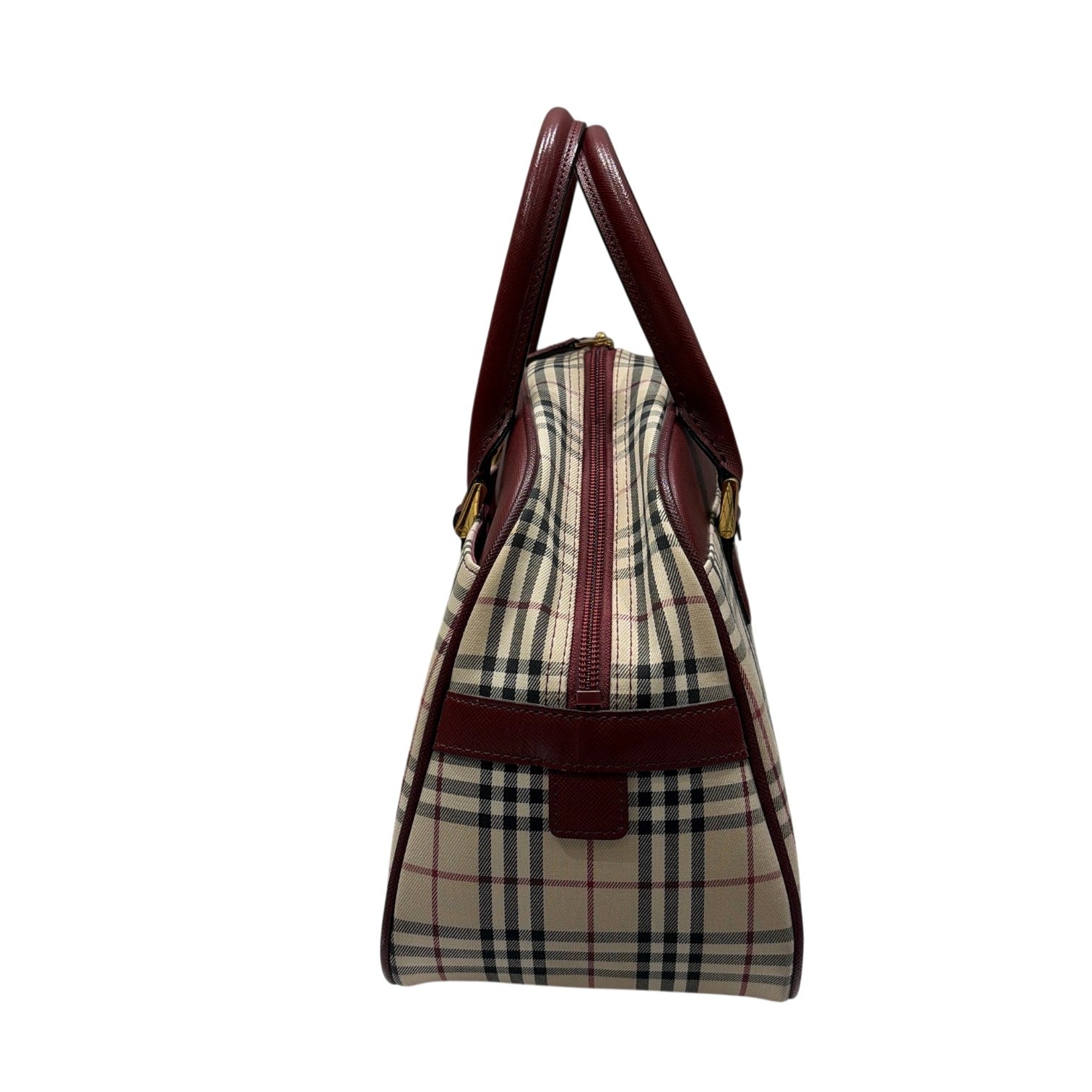 BURBERRY バーバリー ミニ ボストン ハンドバッグ ノバチェック レザー キャンバス ボルドー ベージュ レディース メンズ