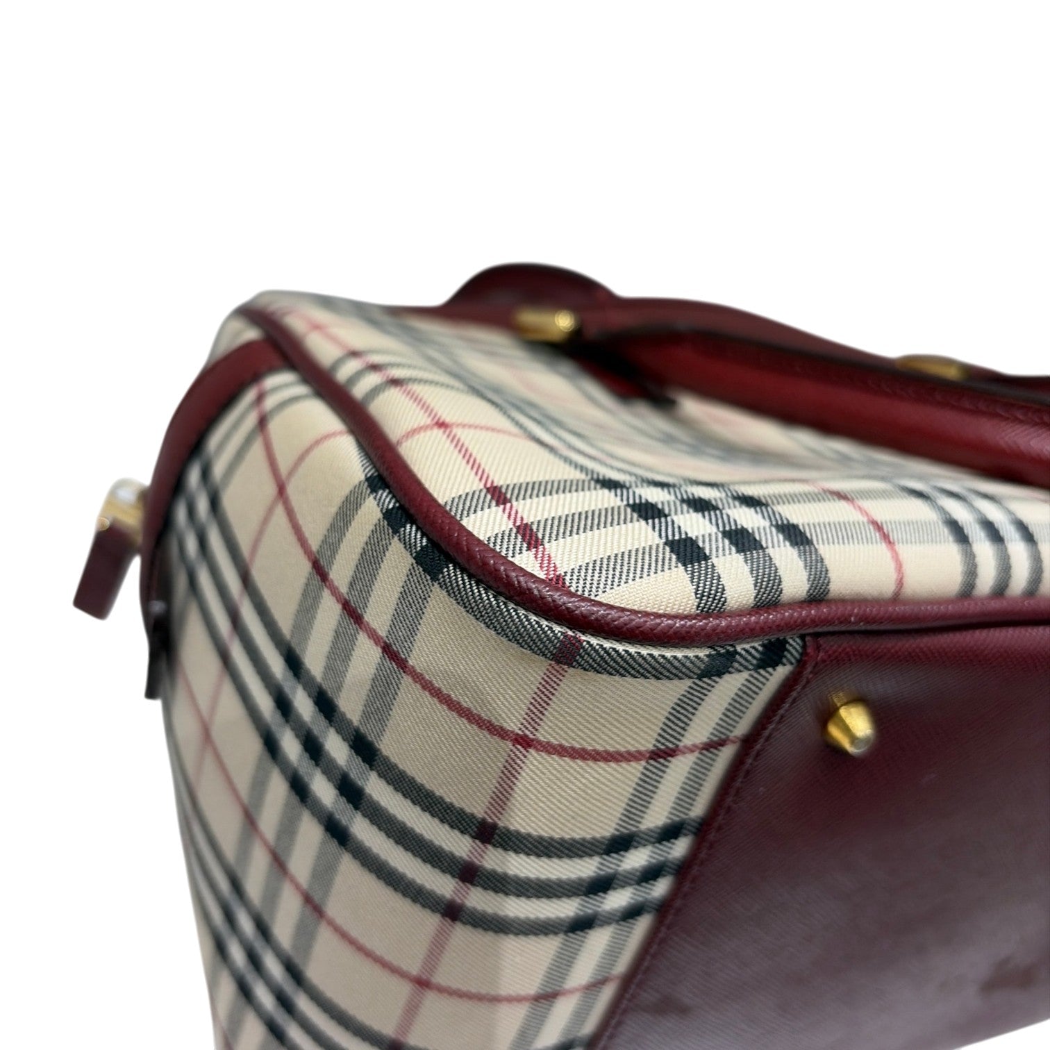 BURBERRY バーバリー ミニ ボストン ハンドバッグ ノバチェック レザー キャンバス ボルドー ベージュ レディース メンズ